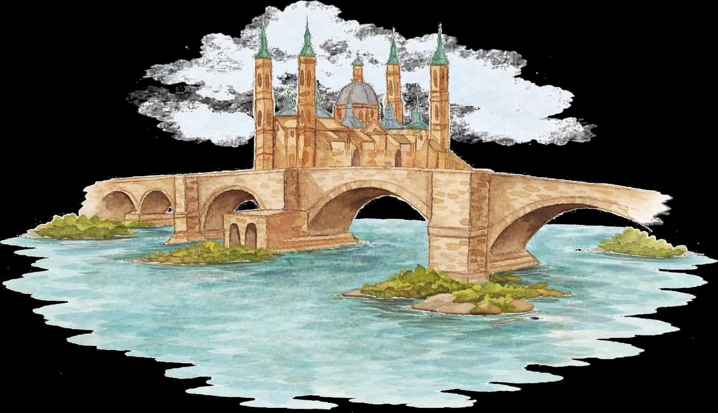 Acuarela de la Basílica del Pilar y el Puente de Piedra de Zaragoza